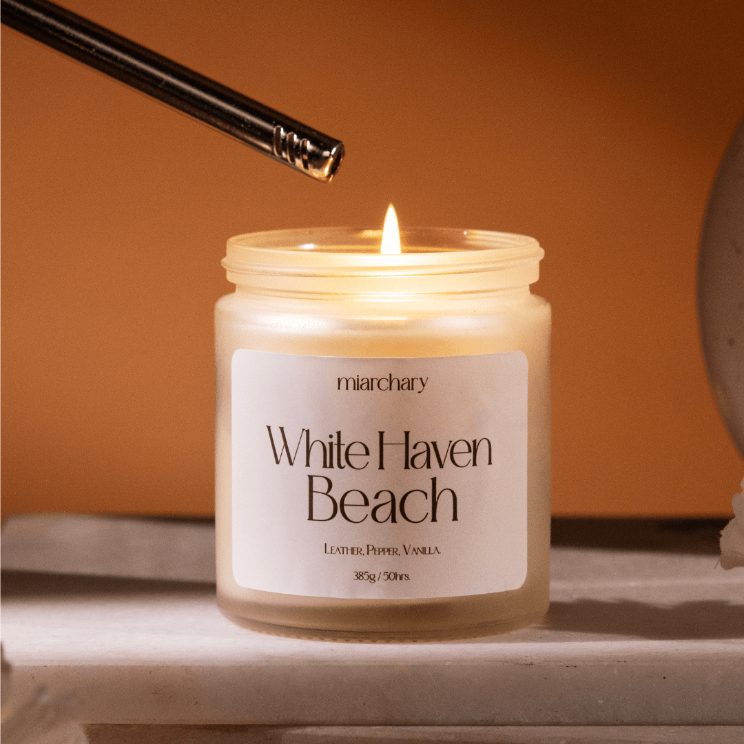White Haven Beach Luxury Scented Candle - Leather, Pepper, and Vanilla Aroma - Miarchary